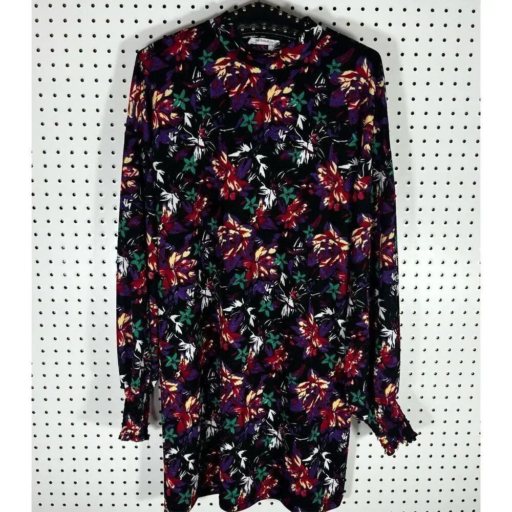 Zara Trafaluc Floral Long Smocked Sleeve Mock Neck Dress